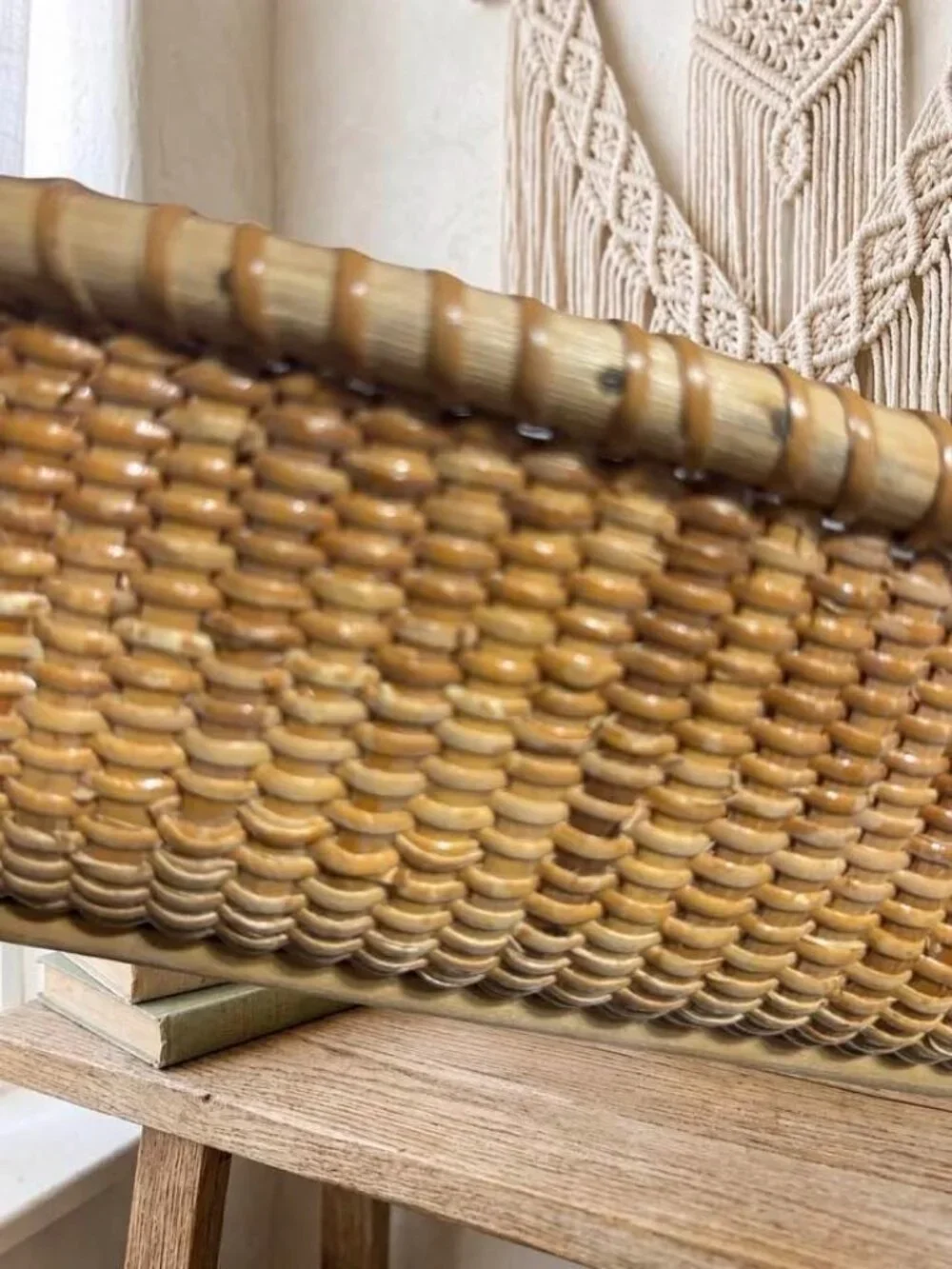 Vintage Handwoven Nantucket Style Oval Bread Basket | Solid Hardwood Base | Coas